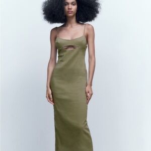 Zara Olive Green Strappy Backless Linen Dress